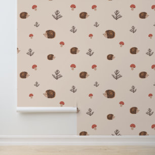 Papier Peint Cute Woodland Hérisson et Motif de champignons