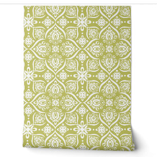 Papier Peint Damassé vert Chartreuse classique et blanc