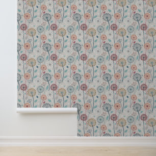 Papier Peint Dandelion Whimsical - Rouge, Jaune, Blanc & Turquo