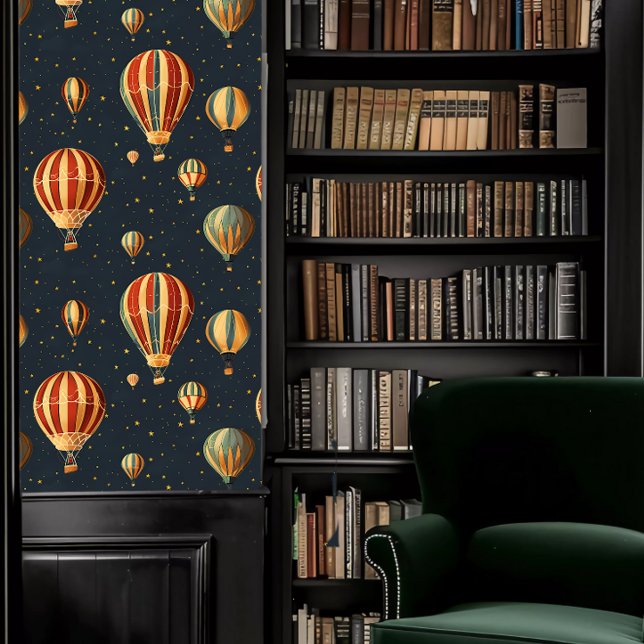 Papier Peint Dark Academia Hot Air Balloons sur Dark Blue (Dark Academia Hot Air Balloons on Dark Blue Wallpaper in a library.)