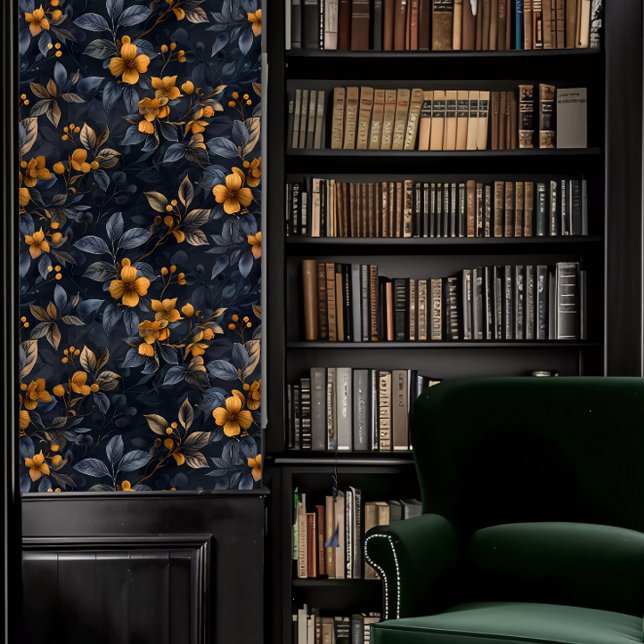 Papier Peint Dark Academia Orange et Blue Floral (Dark Academia Orange and Blue Floral Wallpaper in a library.)