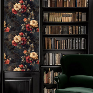 Papier Peint Dark Academia Spider Webs avec des fleurs rouges e
