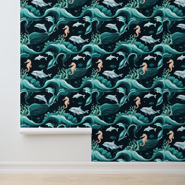 Papier Peint Dauphins océaniques et hippocampes Peel and Stick (Application)