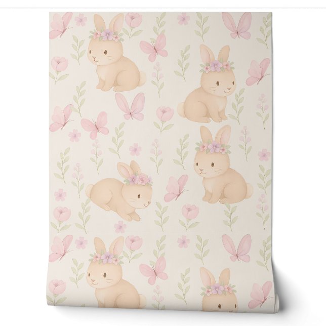 Papier peint de Bunny Floral - Rose doux (Déroulement)