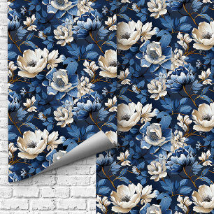Papier Peint de Luxe Floral Bleu Blanc Ivoire