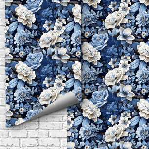 Papier Peint de Luxe Floral Bleu Blanc Ivoire Élég