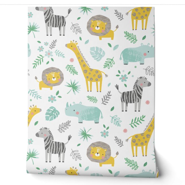 Papier Peint De mignons animaux de la jungle avec feuilles et f (Déroulement)