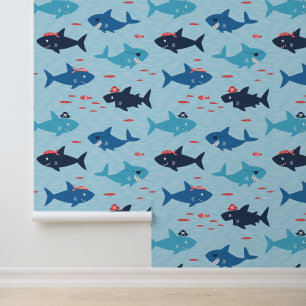 Papier Peint De mignons requins drôles avec des casquettes pira