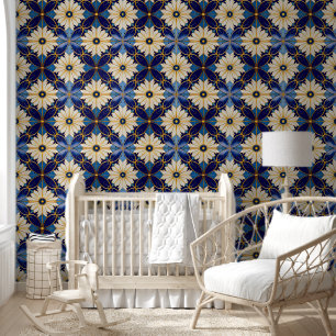 Papier Peint Décor Art Déco Bleu Et Or Floral