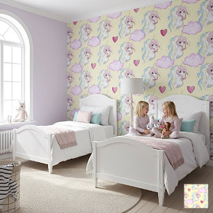 Papier Peint Décor de nurserie licorne pastel jaune rêveur
