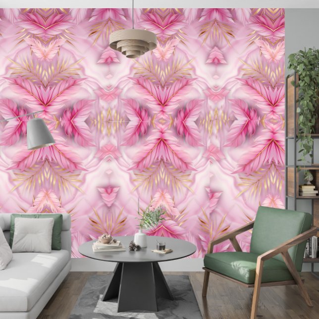 Papier Peint Décor élégant : Feuilles Tropicaux Pink Golden (Créateur téléchargé)