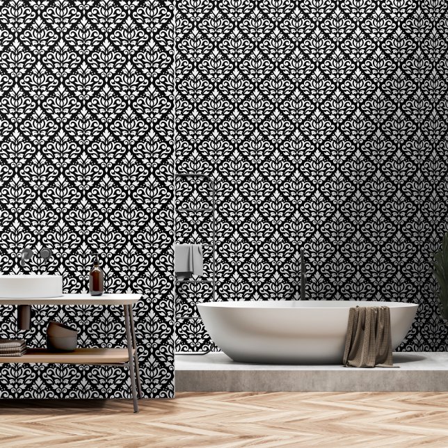 Papier Peint Défiler le motif Damas blanc sur le noir (Salle de bain)