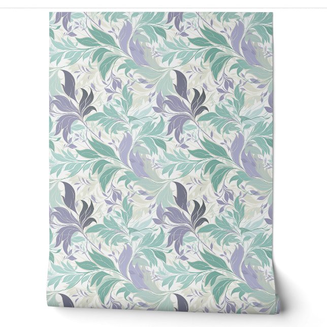 Papier Peint Délicat pastel doux violet et feuilles verts sauge (Déroulement)