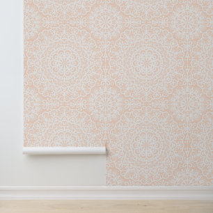 Papier Peint Dentelle blanche de Mandala bohème sur Coral rose