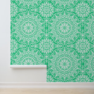 Papier Peint Dentelle blanche en mandala de Bohême sur vert fon