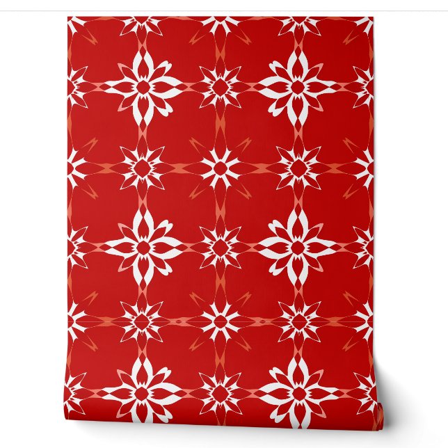 Papier Peint Design Motif géométrique floral rouge gras (Déroulement)