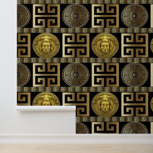 Papier peint designer Medusa Greek Key or sur noir