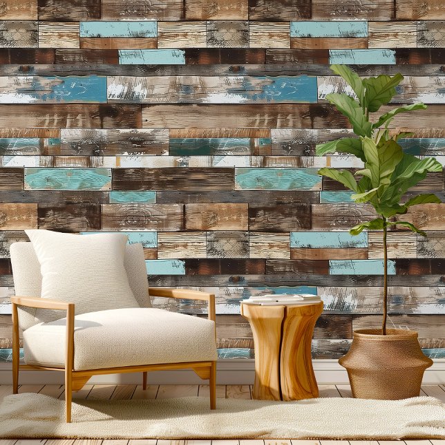 Papier Peint Détresse Beachwood Hor Blue Brown Motif Chambre (Distress Beachwood Hor Blue Brown Pattern Room Wallpaper)