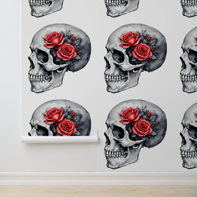 Papier Peint do-it-yourself crâne gothique avec Roses rouges fl (Application)