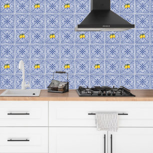 Papier Peint Dolce Vita Méditerranéen Bleu & Citrons Carreaux I