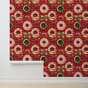 Papier Peint Donuts de Noël Rouge Rétro Rouge Tartan Plaid