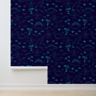 Papier peint doodle dinosaure Navy Neon