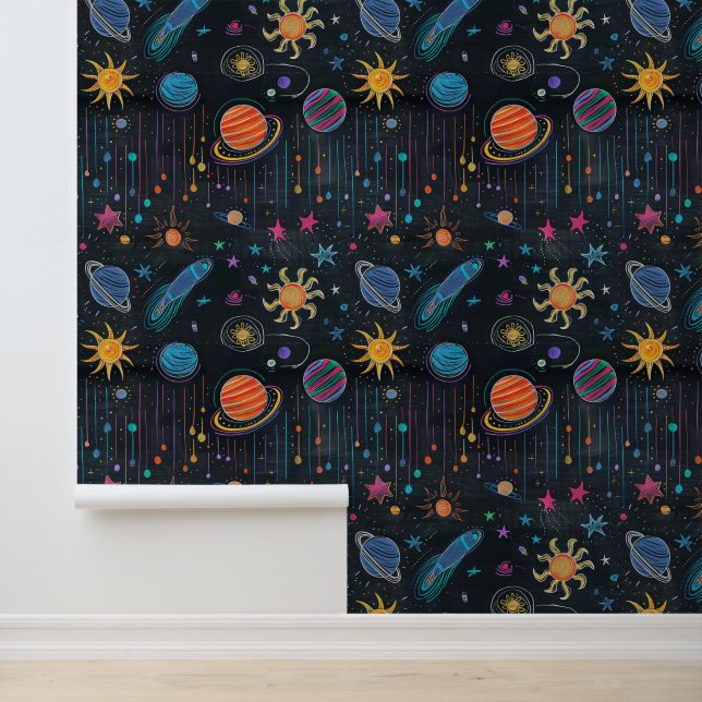 Papier Peint Doodles d'espace, craie sur dessin en tableau noir (Application)