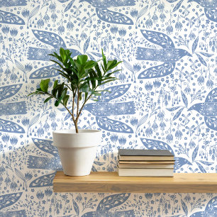 Papier Peint Doves et fleurs Oiseaux bleus et blancs