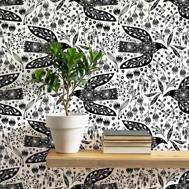 Papier Peint Doves et fleurs Oiseaux noirs et blancs (Doves and flowers bird art peel and stick wallpaper)