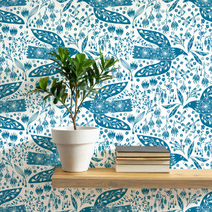 Papier Peint Doves et fleurs Oiseaux Turquoises et blancs