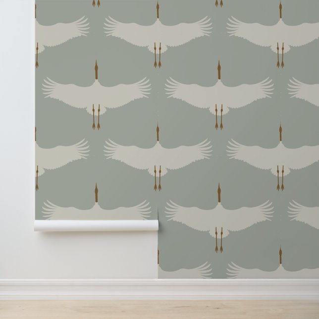 Papier Peint Dusty Blue Neutral Birds Grues Art Déco Motif (Application)