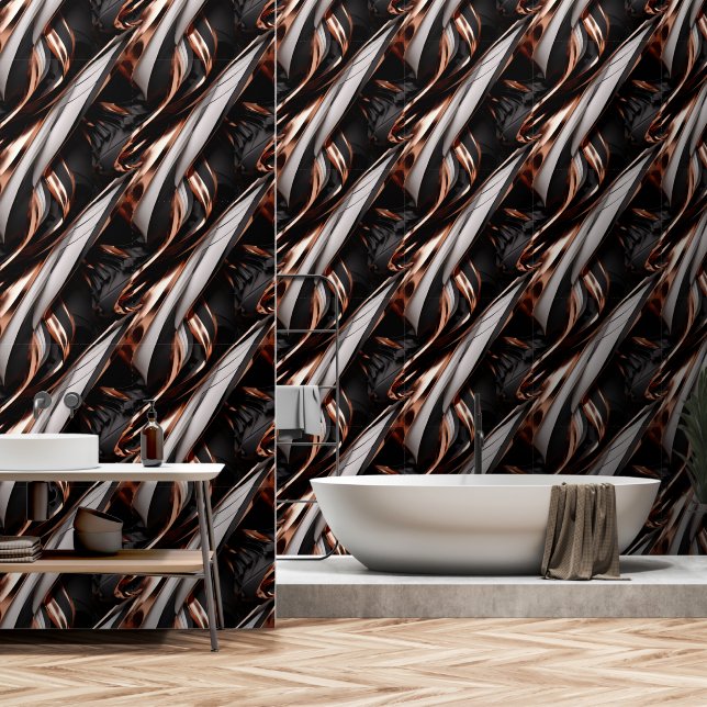 Papier Peint Effet 3D Abstrait noir, gris et cuivre (Salle de bain)