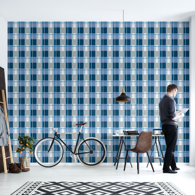 Papier Peint Effet Plaid calme blues gris et blanc (Salon)