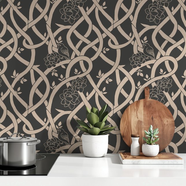 Papier Peint Élégance enmêlée : Oiseau floral noir et beige (Créateur téléchargé)