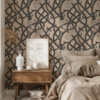 Élégance enmêlée : Oiseau floral noir et beige