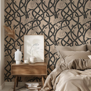 Papier Peint Élégance enmêlée : Oiseau floral noir et beige