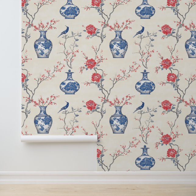 Papier Peint Elégance orientale : Porcelaine bleue et fleurs (Application)
