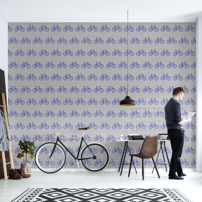Papier Peint Élégant Art Abstrait Bleu Vélos gris Motif (Salon)