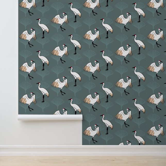 Papier Peint Elégant Asiatique Crane Birds & Feuilles Gingko (Application)