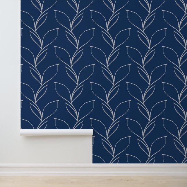 Papier Peint Élégant Blanc moderne & Bleu Marine Foliage Simple (Application)