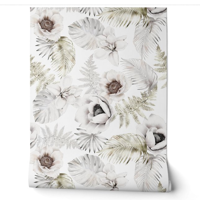 Papier Peint Elégant Blanc Tropical Florals Palm Feuilles (Déroulement)