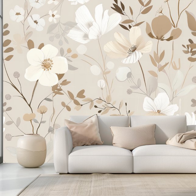Papier Peint Élégant Boho Neutre Beige Floral (Créateur téléchargé)