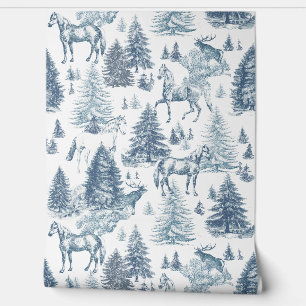 Papier Peint Elégant Chevaux Bleus Vintages en Toile de Bois de