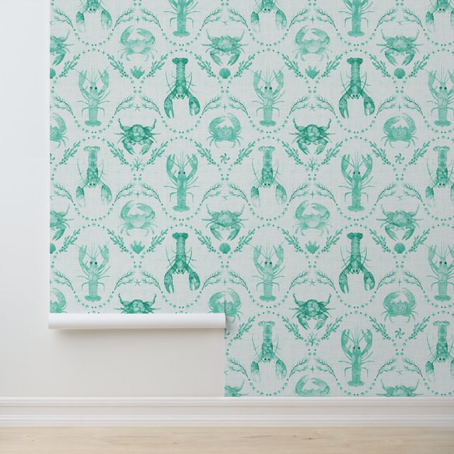 Papier Peint Elegant Coastal Lobster and Crabs in Mint Green (Application)