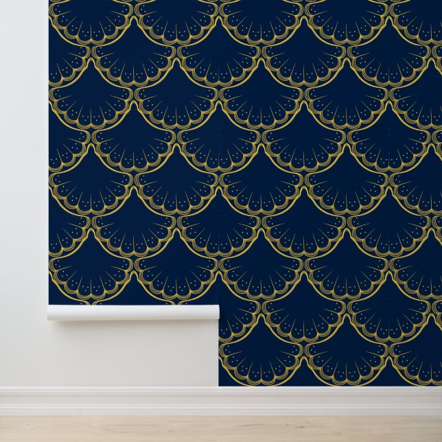 Papier Peint Elégant Coastal thème Coquille d'or motif bleu (Application)