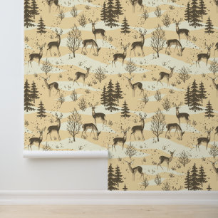 Papier Peint Elégant Festif Retro Crème Beige Cerf Bois