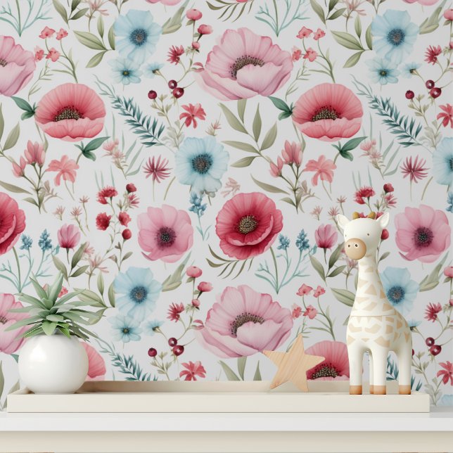 Papier Peint Élégant Fleur sauvage bleu rouge Pavot motif flora (Créateur téléchargé)
