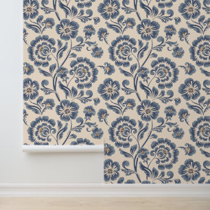 Papier Peint Élégant floral bleu or décollement et collage
