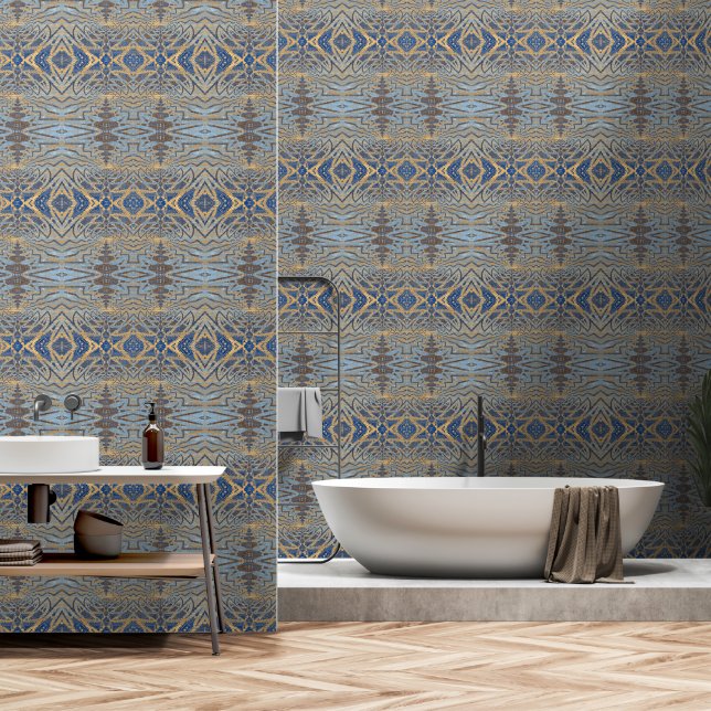 Papier Peint Elégant Géométrique Abstrait Moderne Bleu Et Or (Salle de bain)