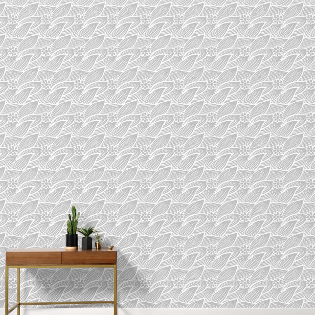 Papier Peint Élégant, gris clair et blanc, motif floral (Couloir)